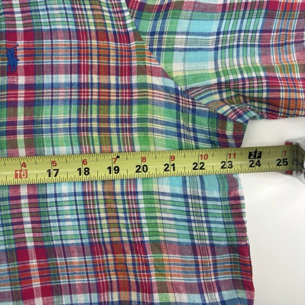 Polo Ralph Lauren 100% Linen Madras Shirt  Large Plaid Button Down Short Sleeve